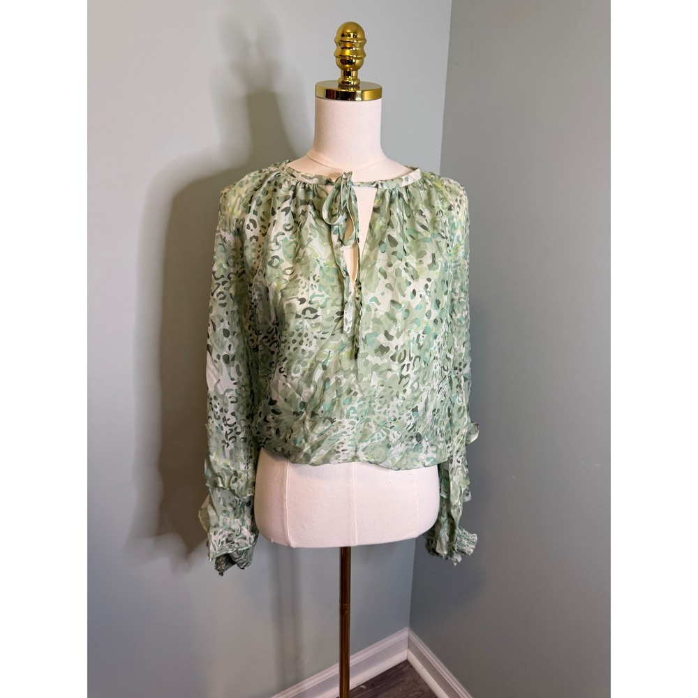 Ramy Brook Green Animal Print Silk Blend Tie Neck Ruffle Blouse Designer XS